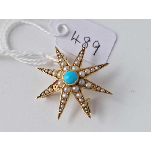 489 - A Pearl And Turquoise Star Brooch 15Ct Gold 3.2 Gms