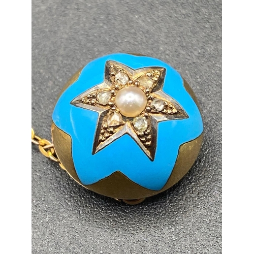 49 - A Early Victorian Diamond And Real Pearl Star Brooch With Excellent Blue Enamel And Gold Safety Chai... 