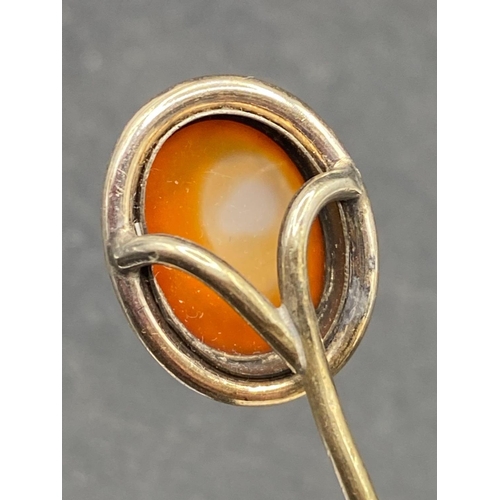 50 - A Victorian Matrix Carnelian Stick Pin With Vacant Shield Armorial Cartouche Rope Twist Frame