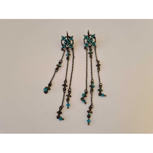 507 - A Unusual Pair Of Turquoise Three Strand Pendant Earrings Odd Stones Missing