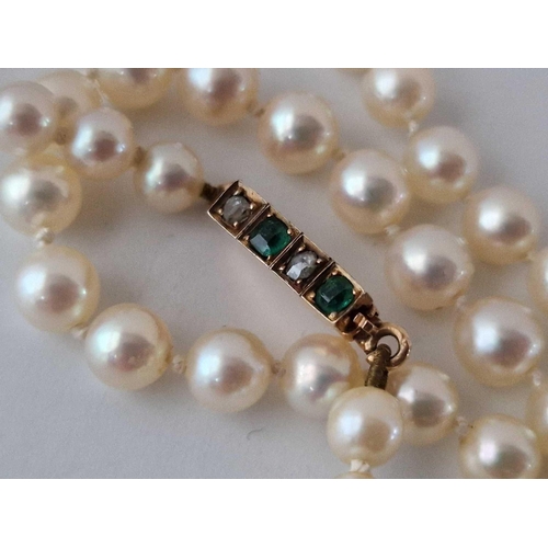 53 - A String Of Good Quality Pearls With Victorian Emerald And Diamond Clasp 16 Inch