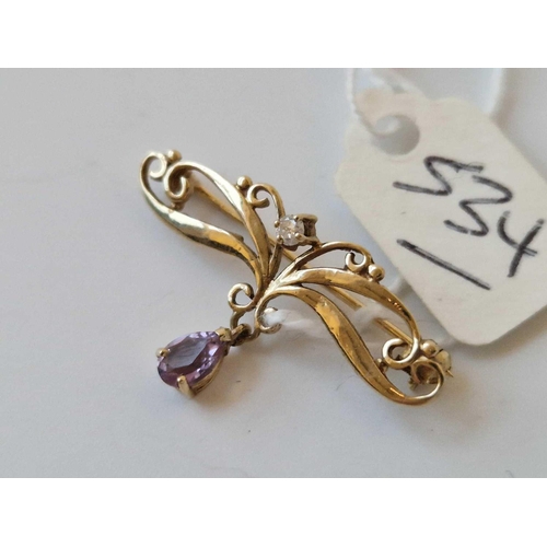 534 - A Art Nouveau Purple Stone And Diamond Brooch 9Ct 1.8 Gms