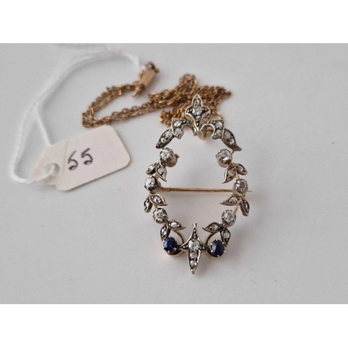 55 - A Victorian Gold And Silver Set Sapphire An And Diamond Pendant On Gold Chain 18 Inch