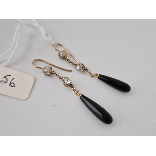 56 - A Pair Of Victorian Gold And Diamond And Onyx Drop Earrings Boxed