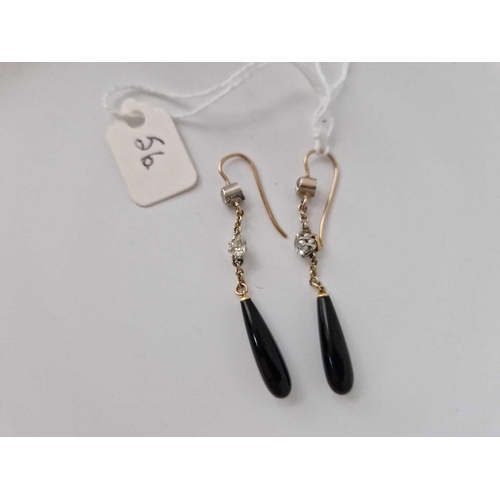 56 - A Pair Of Victorian Gold And Diamond And Onyx Drop Earrings Boxed