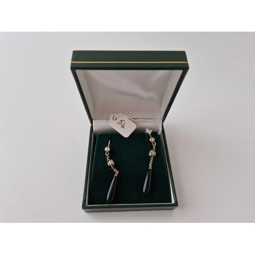 56 - A Pair Of Victorian Gold And Diamond And Onyx Drop Earrings Boxed