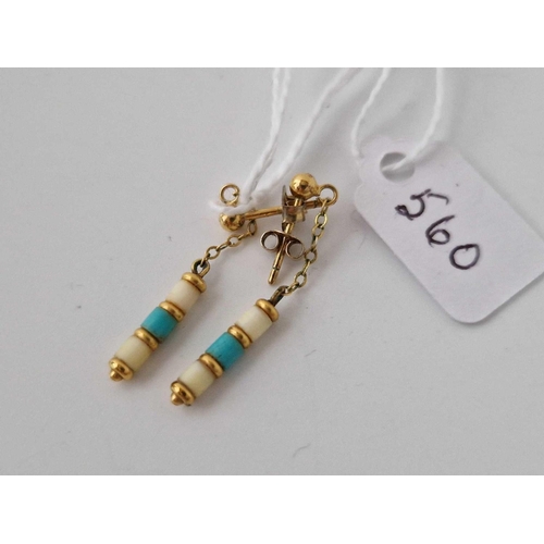 560 - A Pair Of Turquoise Drop Earrings 9Ct