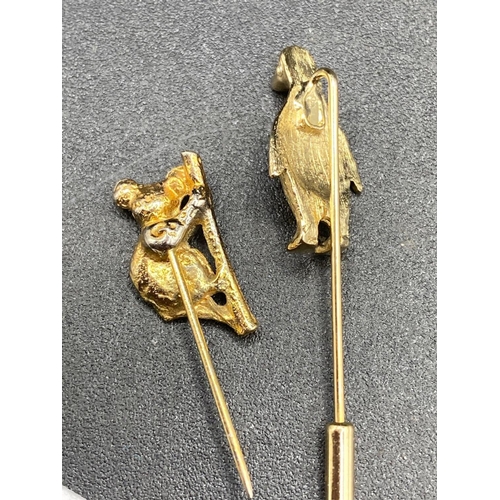 564 - Two Fancy Animal Stick Pin Koala Bear And Penguin In Full Dress