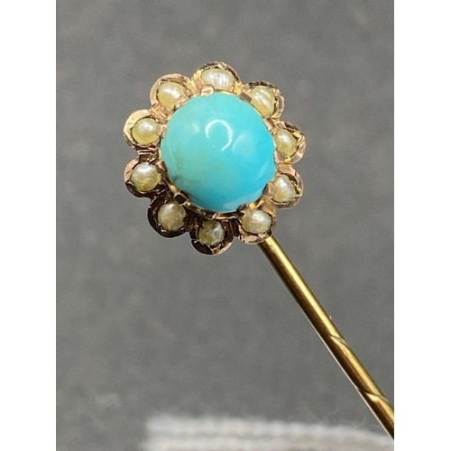 567 - A Antique Turquoise And Pearl Stick Pin