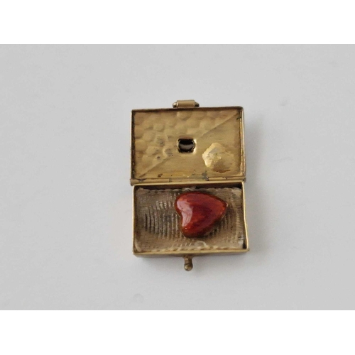 59 - A Edwardian Novelty Silver Gilt Envelope Charm Containing A Valentine Red Enamel Heart Boxed