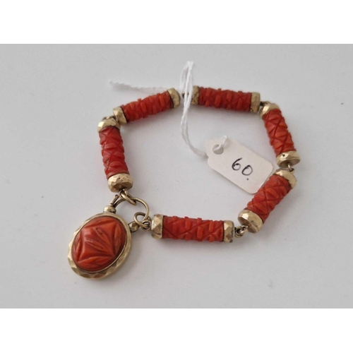 60 - A Victorian Carved Coral And Gold Bracelet With Padlock 6 Inch