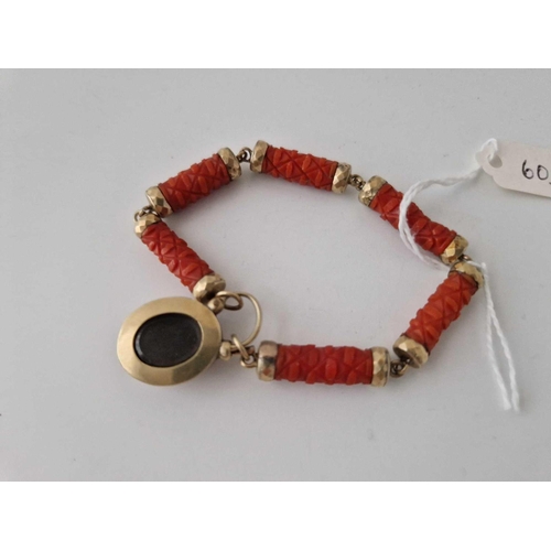 60 - A Victorian Carved Coral And Gold Bracelet With Padlock 6 Inch