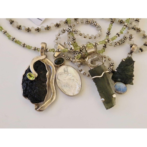 610 - Four Gem Set Silver Bead Pendant Necklaces with Czech Moldavite