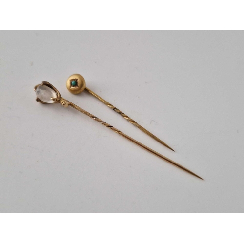 615 - One Turquoise Stick Pin And One Moonstone Stick Pin Both Set In Gold