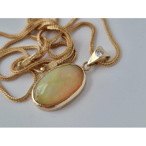 63 - Large Green Opal & Diamond 14Ct Gold Necklace 6.9G