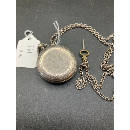 761 - A Silver Fob Watch On Silver Chain With Seconds Dial No 9907