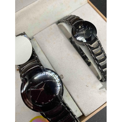 773 - A Swiss Line His And Hers Black Faced Wrist Watches In Original Box