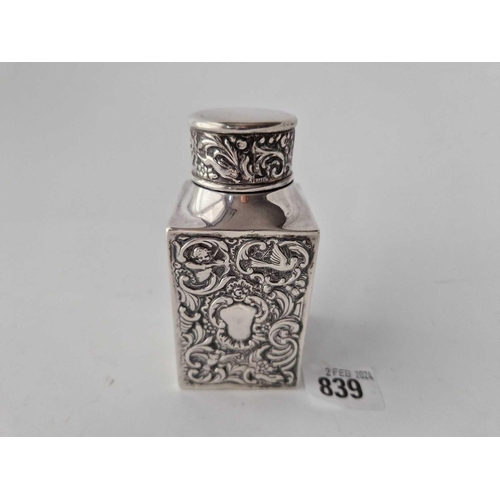 839 - A Square Late Victorian Embossed Tea Caddy And Cover, 4 Inches High, London 1900 From Goldsmith Co