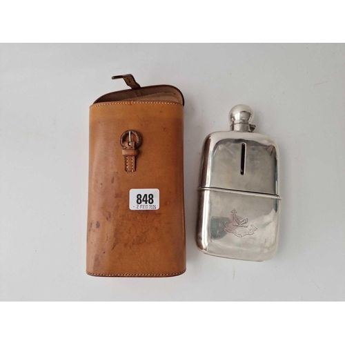 848 - A Large Hip Flask With Glass Body, Detachable Cup Base And Bayonet Cover, Birmingham 1887 In Leather... 