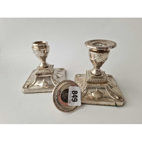 849 - A Pair Of Adam Style Candlesticks On Square Bases, Detachable Nozzles, 4 Inches High, Sheffield 1907