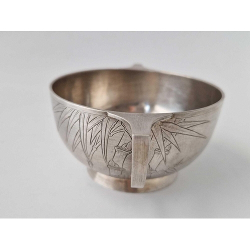 910 - A Chinese Two Handled Bowl Engraved With Leaves On A Matted Ground, Stamped Tuckg, 167 G.