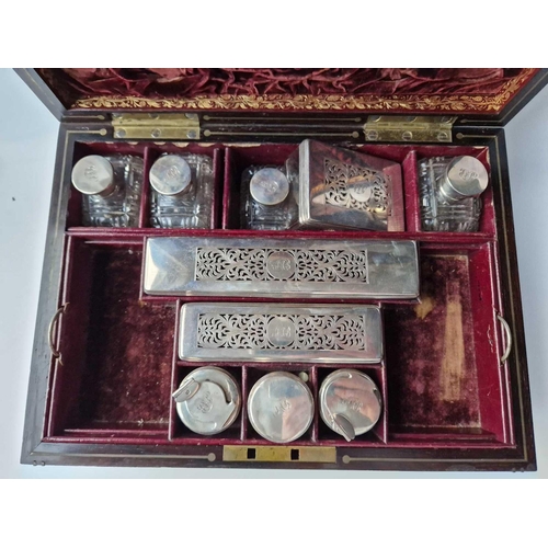 954 - Victorian Rosewood Box With 10 Silver Mounted Jars, Ink Pots Etc. London 1833