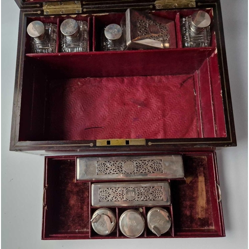 954 - Victorian Rosewood Box With 10 Silver Mounted Jars, Ink Pots Etc. London 1833