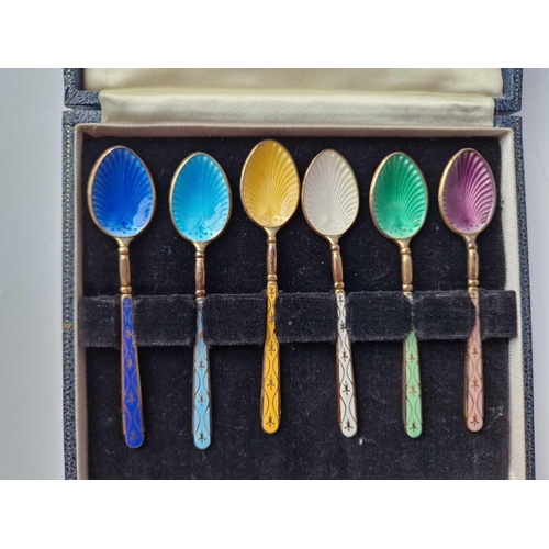 973 - Boxed Set Of Three Enamel Decorated Silver Gilt Coffee Spoons. Birmingham 1972