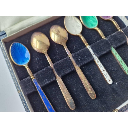 973 - Boxed Set Of Three Enamel Decorated Silver Gilt Coffee Spoons. Birmingham 1972