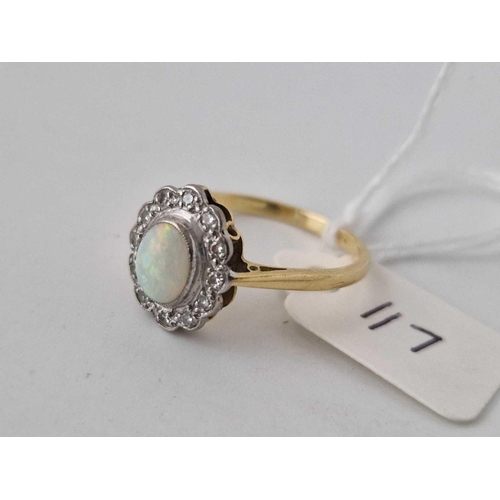 117 - AN OPAL AND DIAMOND 18CT RING, size S, 3.8 g