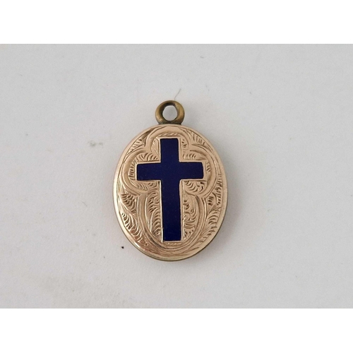 129 - A Victorian memorial gold back and front pendant with enamelled blue cross