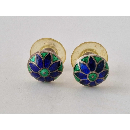 130 - A pair of silver blue and green enamelled dome stud earrings