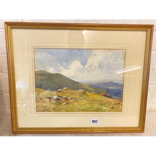 1663 - Mary S Haggarty, SWA - Ponies on Dartmoor 16 in x 20 in Signed. Labels on reverse