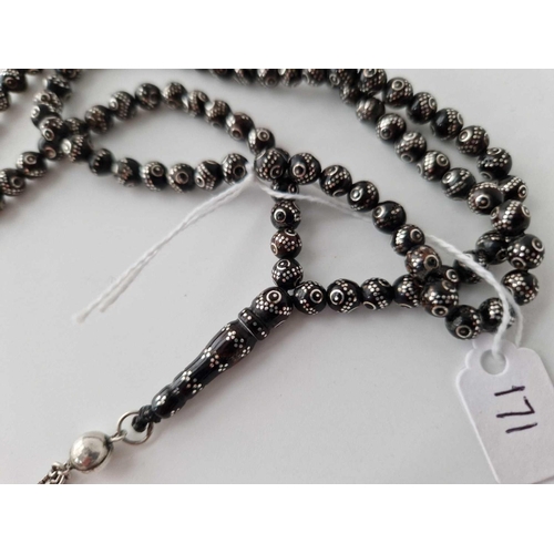 171 - A antique silver inlay rosary beads with heart tassels and bell  22 inch