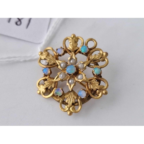 181 - A circular opal and pearl brooch 15ct gold 2.8 gms