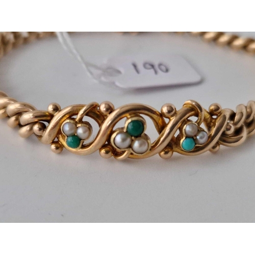 190 - A PEARL AND TURQUOISE SET BRACELET 15CT GOLD 7 INCH 12.9 GMS