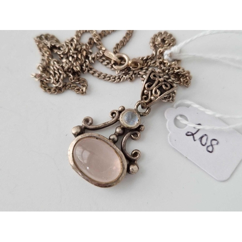 208 - A silver moonstone and rose quartz pendant necklace 18 inch