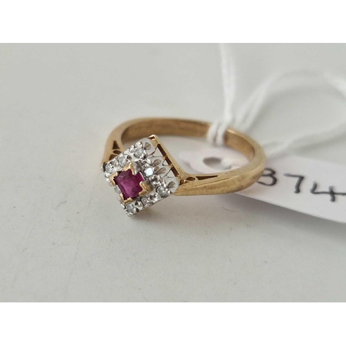 374 - A ruby and diamond square cluster ring 9ct size M