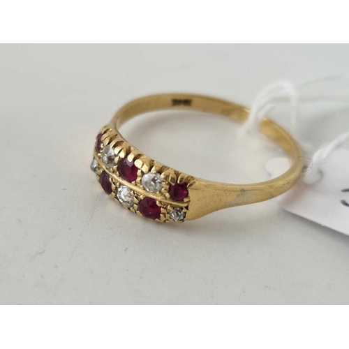 375 - A EDWARDIAN TWO ROW RUBY AND DIAMOND CHEQUER BOARD RING 18CT GOLD SIZE W