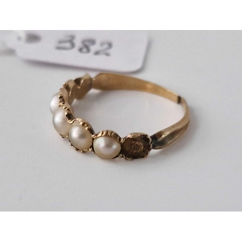 382 - An antique gold pearl set ring (cut shank), size J, 1.5 g