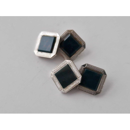 398 - A pair of white gold bloodstone cufflinks, 9ct