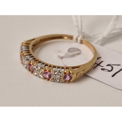 451 - A diamond and pink sapphire half hoop ring, 9ct, size N, 1.6 g