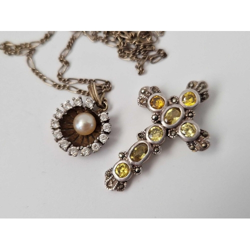 498 - A silver and pearl pendant and a silver cross