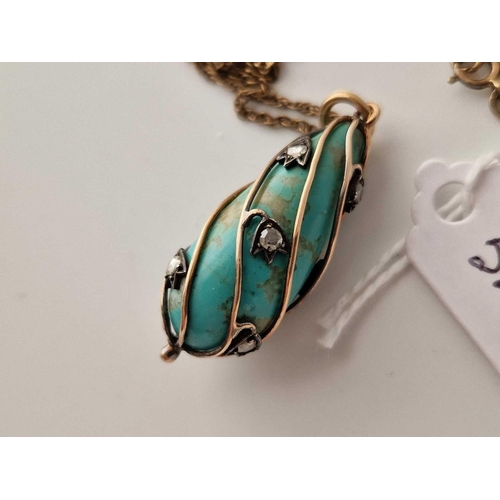 52 - A VICTORIAN GOLD TURQUOISE AND ROSE DIAMOND PENDANT ON GOLD CHAIN, 18 inch