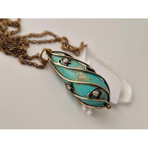 52 - A VICTORIAN GOLD TURQUOISE AND ROSE DIAMOND PENDANT ON GOLD CHAIN, 18 inch