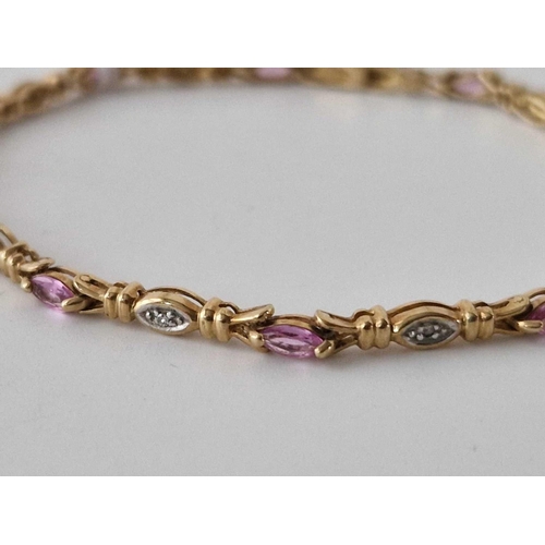 566 - A pink sapphire and diamond bracelet, 9ct, 6.5 inch, 5.3 g