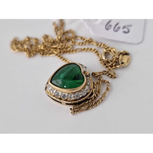 665 - A silver gilt heart shaped green stone pendant necklace