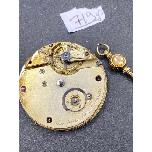 719 - A pocket watch movement with silvered and gold dial, together with gem mounted Victorian rolled gold... 