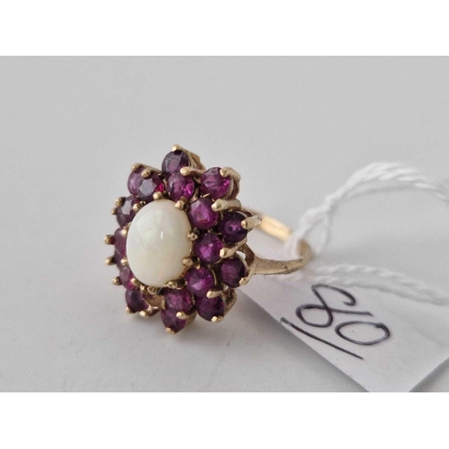 80 - Large garnet & opal flowerhead 9ct ring size P 4.2g(stone out)