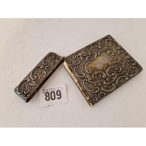 809 - A good Edwardian card case embossed with a Stag within a scroll border, 4